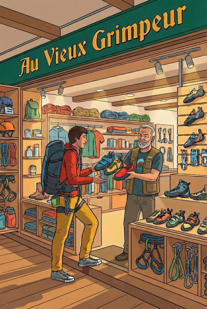 Vendeur d'un magasin d'escalade qui tend 3 paires de chaussons à un client.